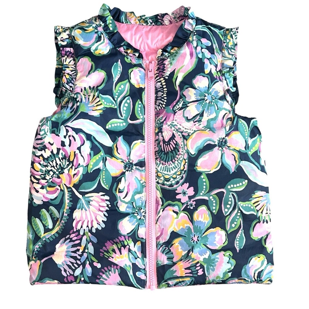 Lilly Pulitzer Girls Down Puffer Vest Medium 6-7 Multicolor Floral Reversible